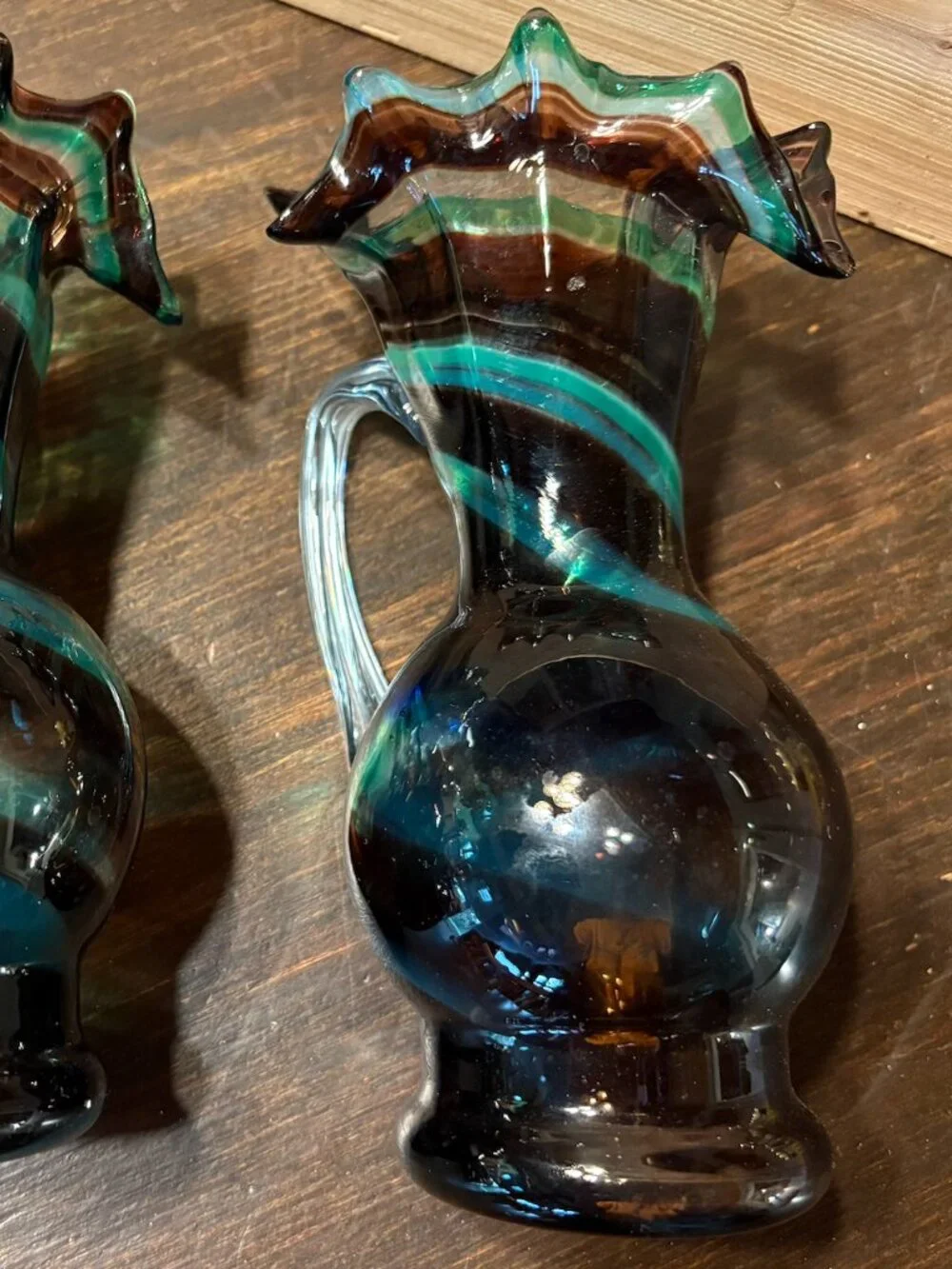 Vintage Pair of Hand-Blown Art Glass Swirl Pitchers